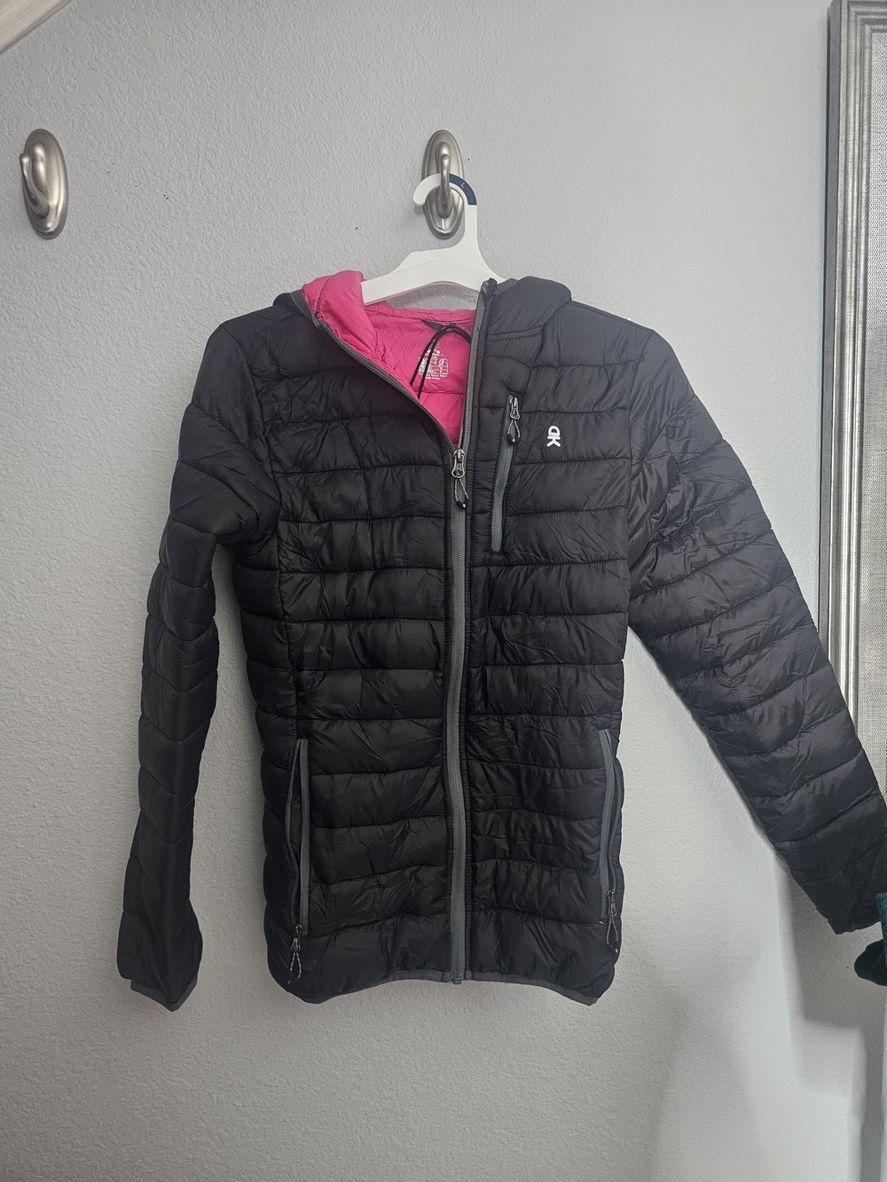 Girls' Black Puffer Jacket with Pink Hood Lining